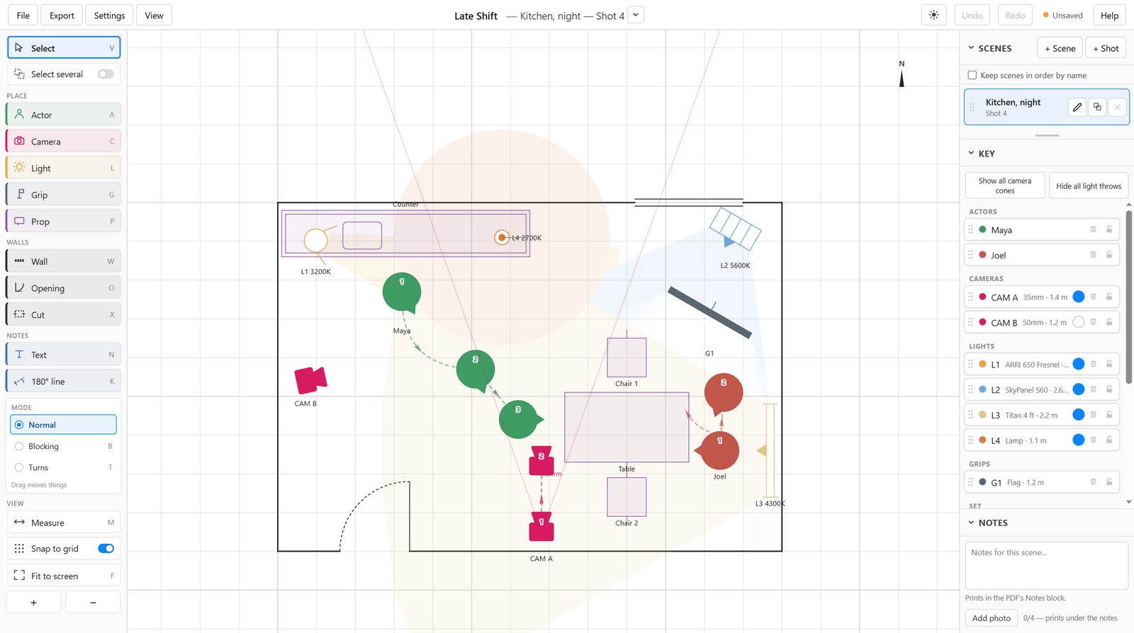 The ShotPlots editor with the Late Shift kitchen scene open: a tool column down the left, the plan with tinted light throws and blocking paths in the middle, and a Key panel on the right listing every object, above a Notes box.