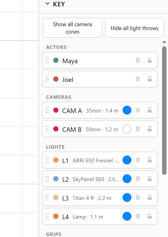 Close-up of the Key panel: actors Maya and Joel, cameras CAM A on 35 mm at 1.4 m and CAM B on 50 mm at 1.2 m, and lights L1 to L4 with their fixture names and heights, each with a toggle and lock.