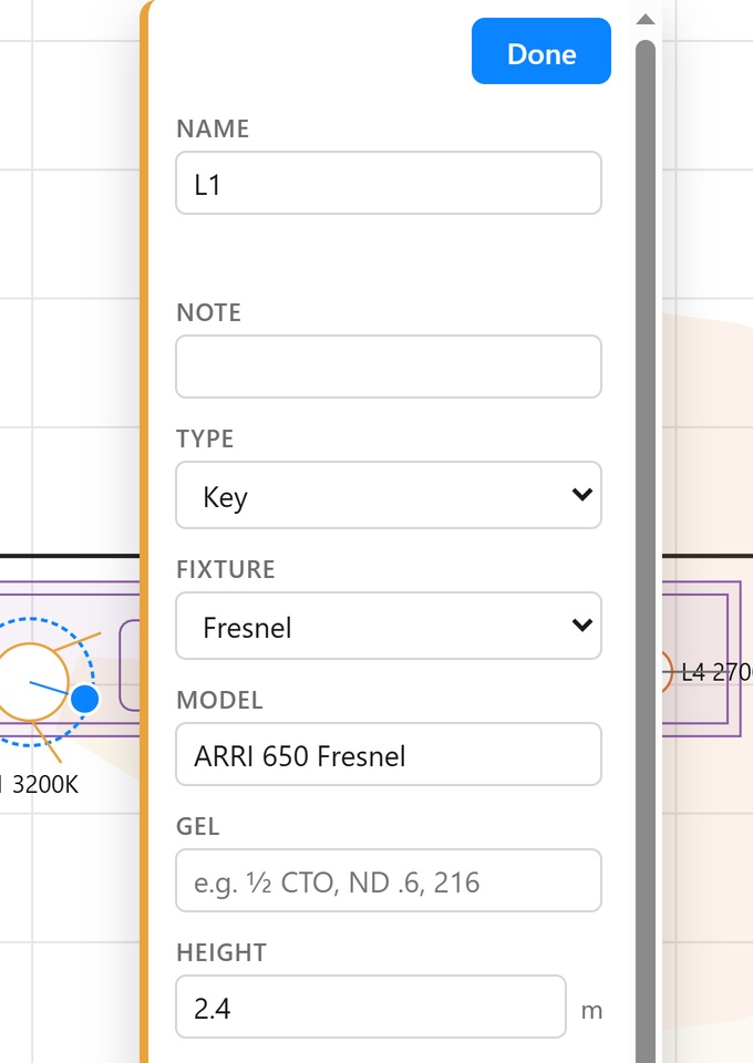 Close-up of the properties panel open on light L1: name, note, type Key, fixture Fresnel, model ARRI 650 Fresnel, gel and height 2.4 m.